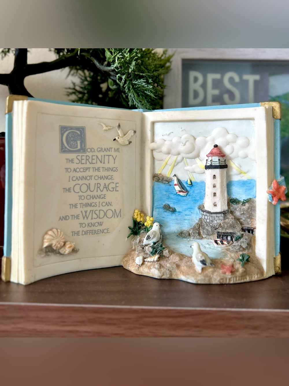 Faith Based Serenity Prayer Book with Nautical Lighthouse + Sailboat Scene